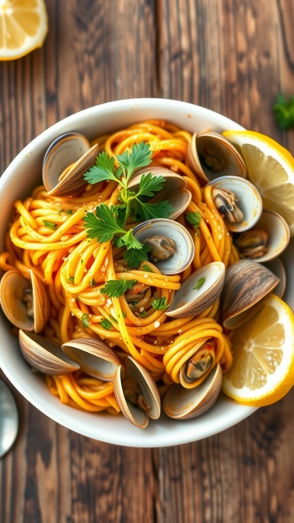 A bowl of clam noodles with clams, garlic, parsley, and lemon on a rustic table.